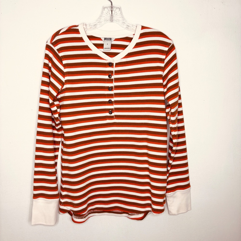 Duluth Trading Shirt Small Orange Brown Striped Waffle Knit Henley Gorpcore
